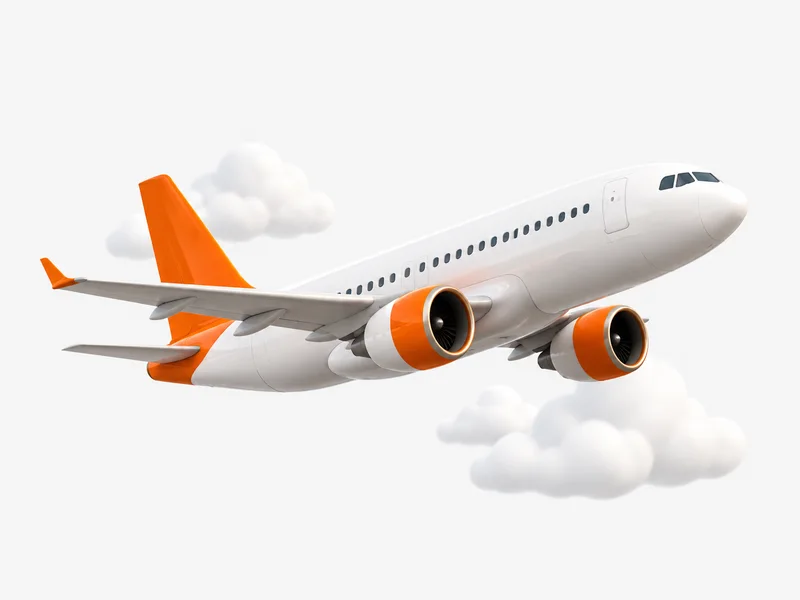 A white plane with orange details above clouds
