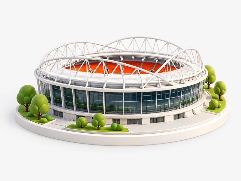 A miniature stadium with white arches and orange details