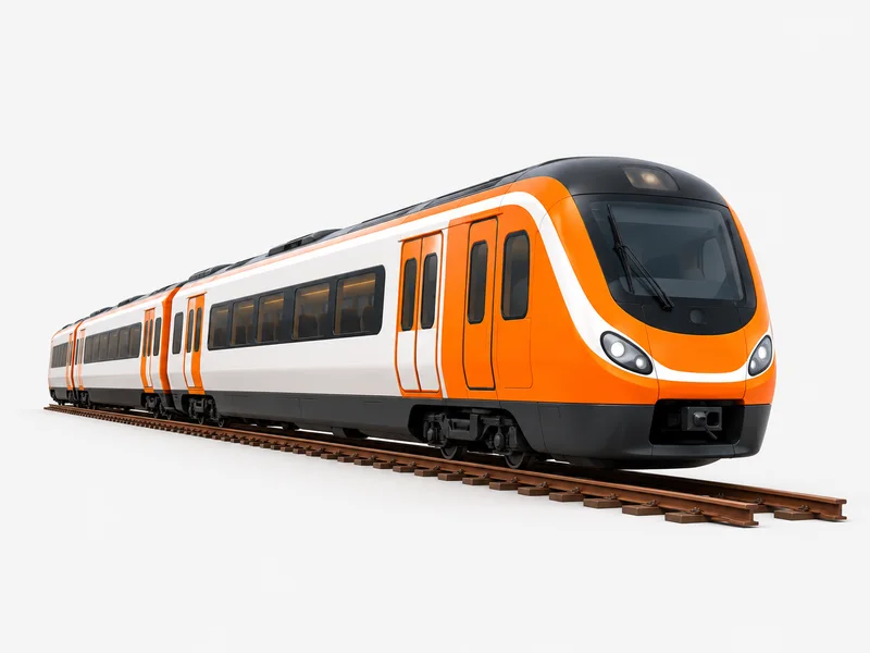 An orange and white commuter train