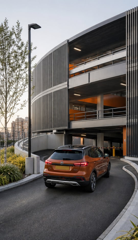 Orange car entering a modern city multi-storey car park