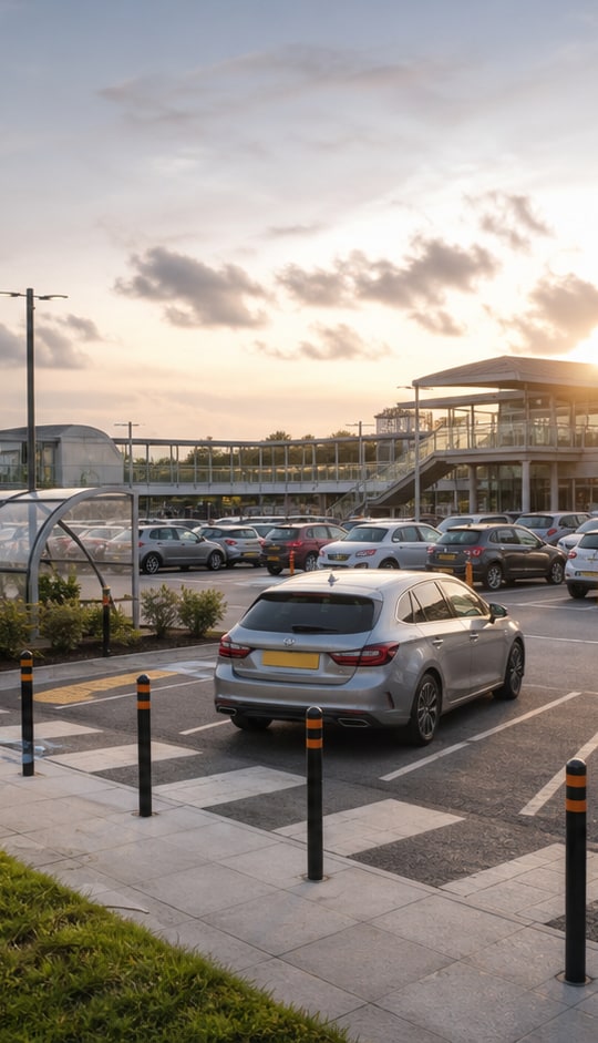 Silver car in a convenient station car park at sunset