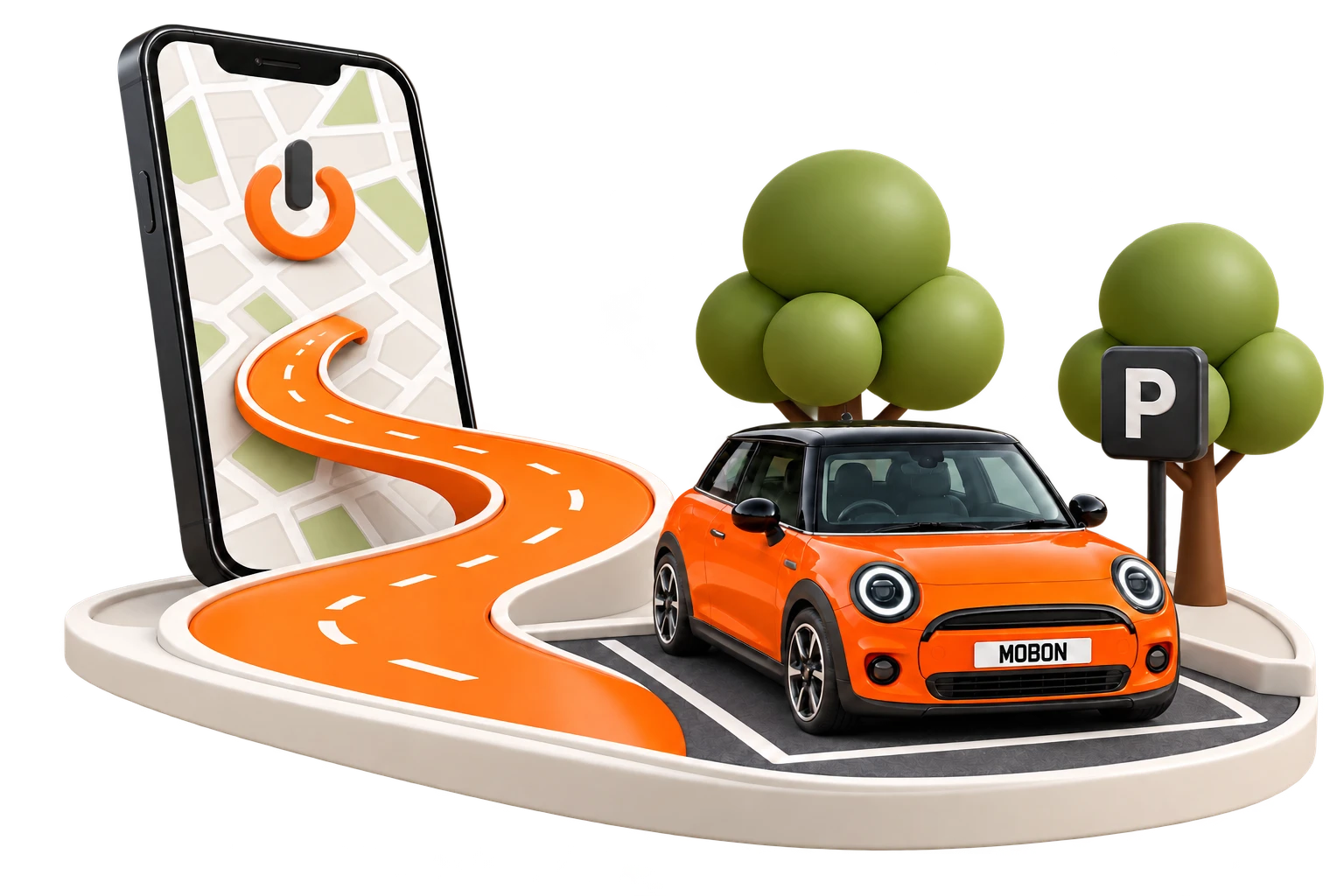 An orange Mobon car parked in a space at the end of an orange road leading from the Mobon app on a phone