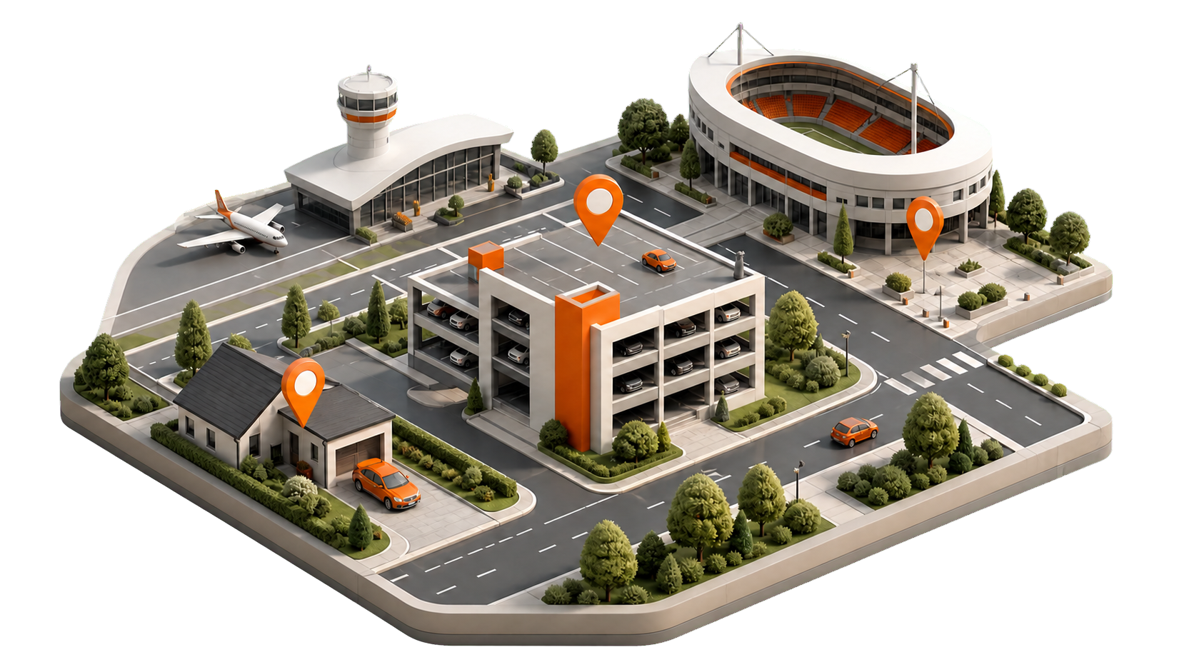 3D Mobon parking ecosystem with a city car park, hotel, airport and event venue