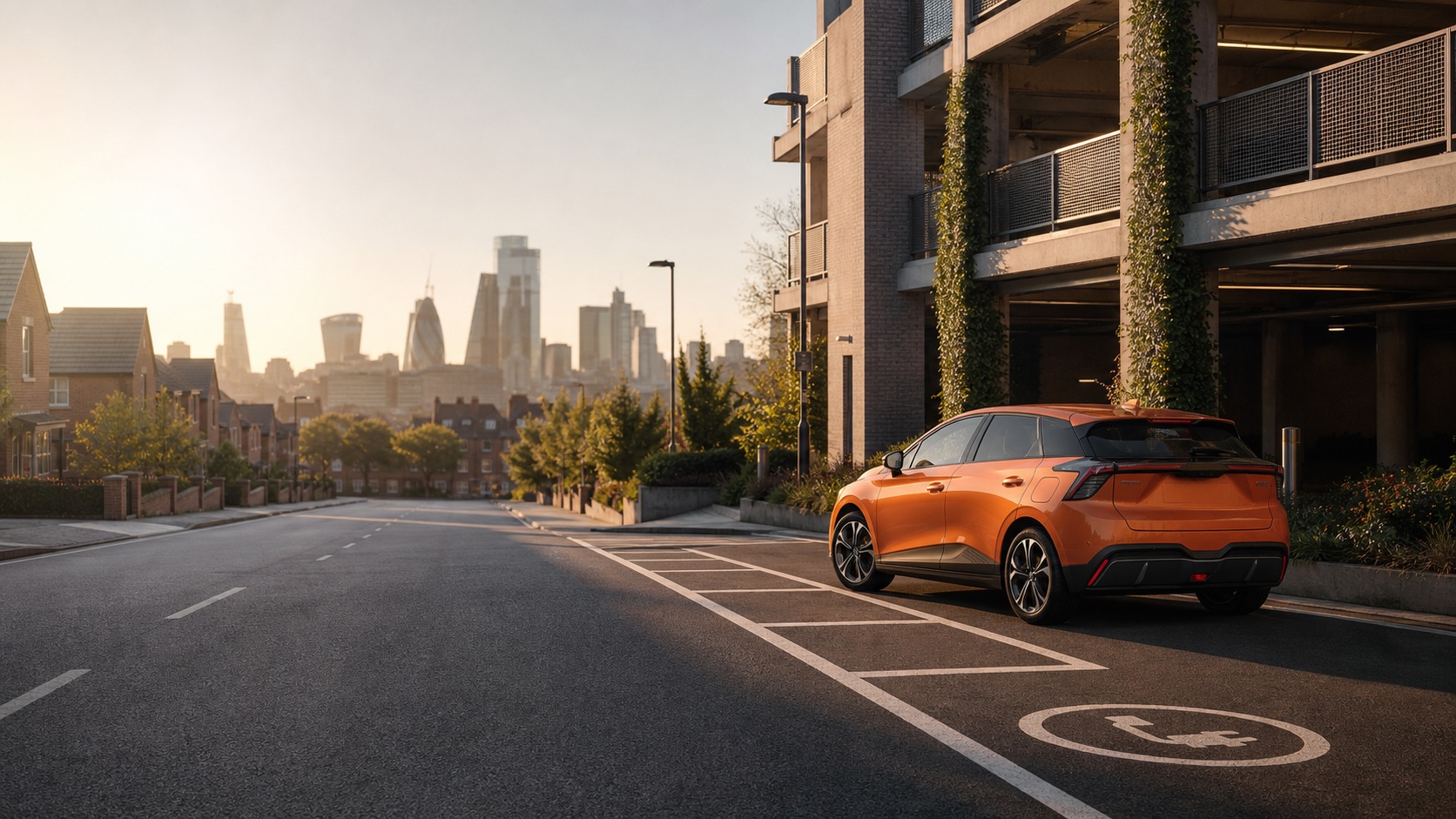 Orange car arriving at a modern city parking space